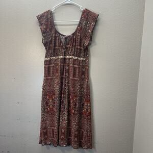 Vintage Midi Dress M Red Tribal 90s Y2K‎ Babydoll Ruffle Fairy Boho Bohemian